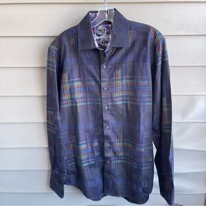 Robert Graham Dress Shirt‎ Medium Black Rainbow Plaid Button Up Shirt